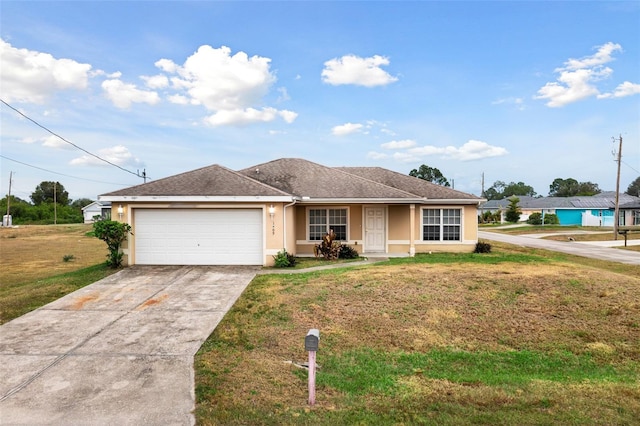 ranch-style home with a garage and a front lawn