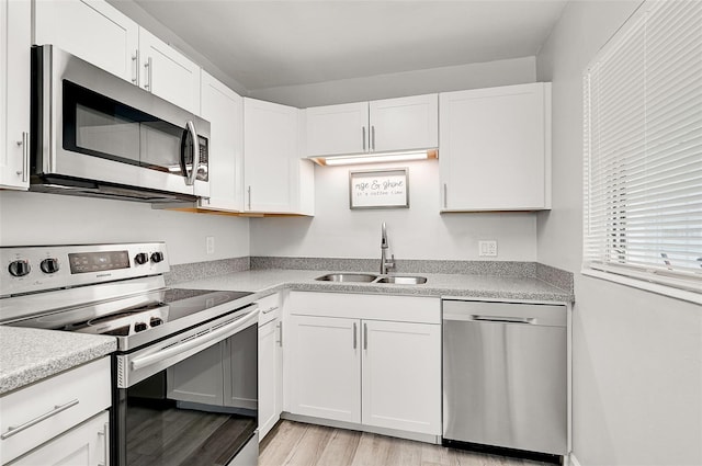 kitchen featuring light wood-type flooring, appliances with stainless steel finishes, white cabinets, and sink