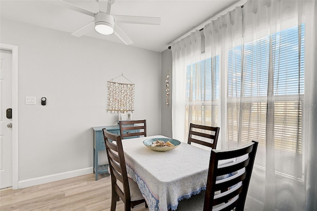 dining space featuring ceiling fan and wood-type flooring