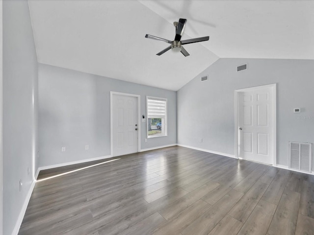 unfurnished living room featuring ceiling fan, light hardwood / wood-style floors, and lofted ceiling