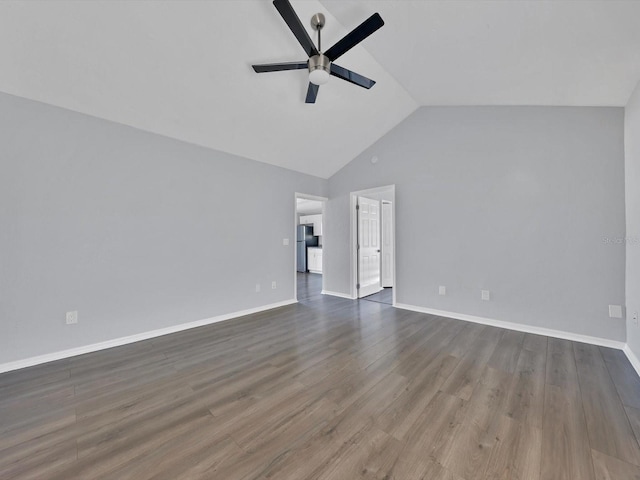 unfurnished living room with hardwood / wood-style floors, high vaulted ceiling, and ceiling fan