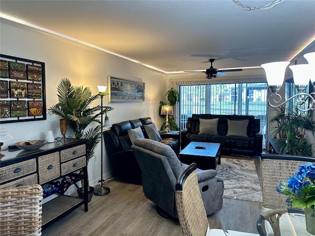 living room featuring hardwood / wood-style floors, ceiling fan, and ornamental molding