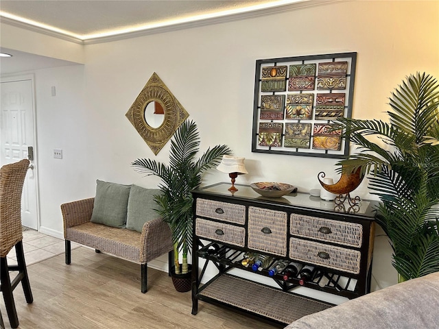 living area featuring light wood-type flooring and crown molding