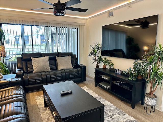 living room with ceiling fan, ornamental molding, and light hardwood / wood-style flooring