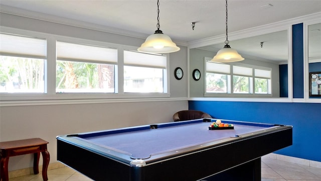 game room featuring light tile patterned flooring, ornamental molding, and pool table