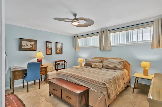 tiled bedroom with ceiling fan