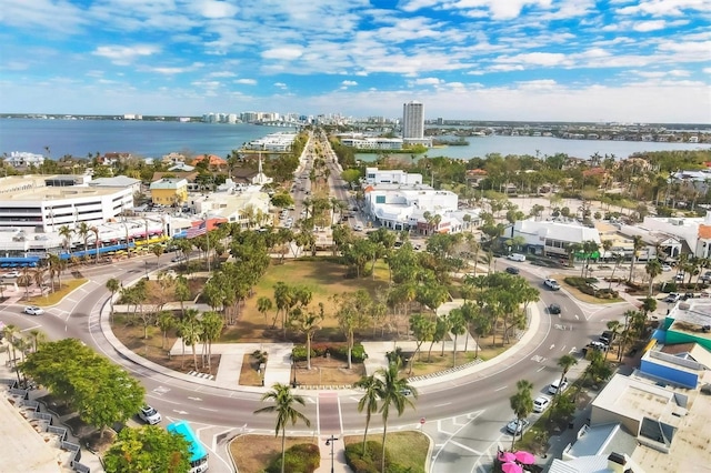 drone / aerial view featuring a water view