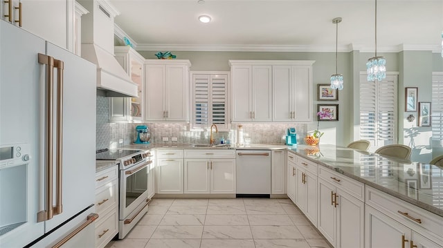 kitchen featuring white appliances, ornamental molding, light stone countertops, white cabinets, and decorative light fixtures