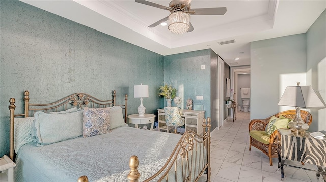 bedroom with a raised ceiling, ceiling fan, and crown molding