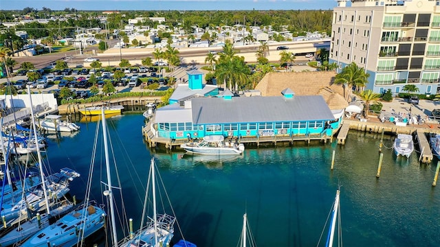 bird's eye view with a water view