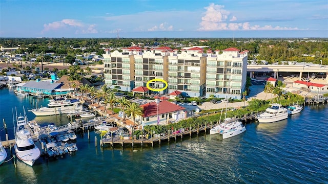 aerial view featuring a water view