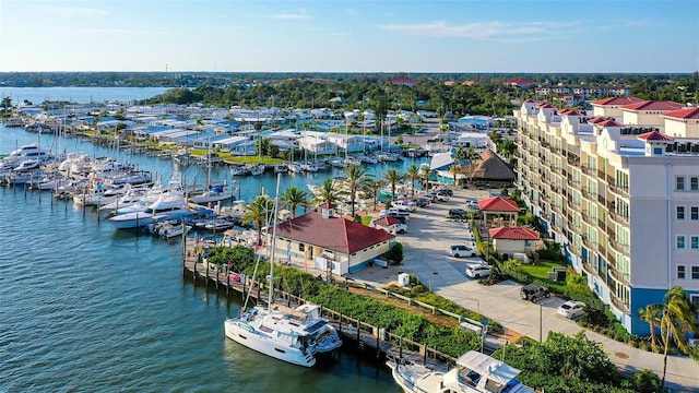 birds eye view of property featuring a water view