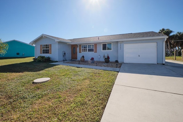 ranch-style house with a front lawn and a garage