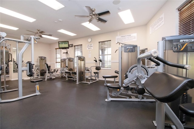 workout area with ceiling fan