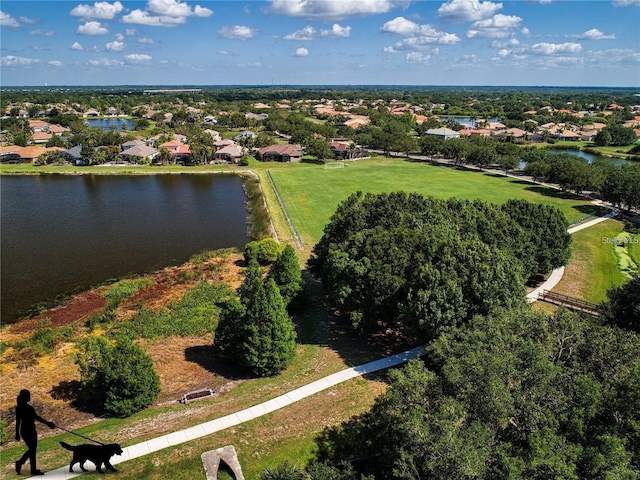 drone / aerial view with a water view