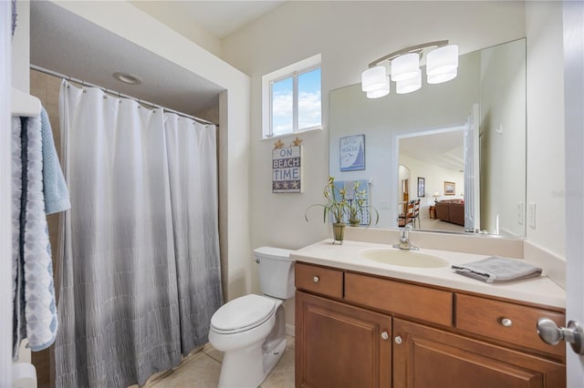 ensuite bathroom with curtained shower, toilet, ensuite bath, tile patterned floors, and vanity