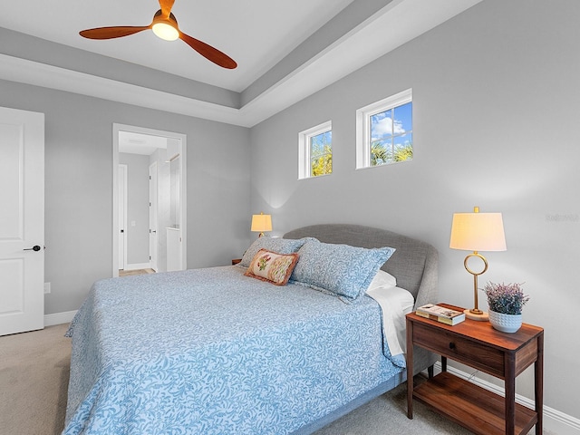 carpeted bedroom with ceiling fan