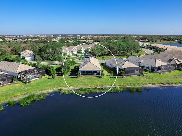 bird's eye view with a water view