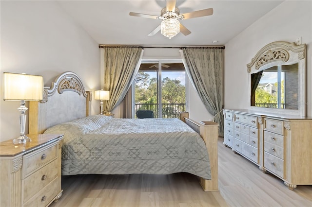 bedroom with ceiling fan, light hardwood / wood-style floors, access to outside, and multiple windows