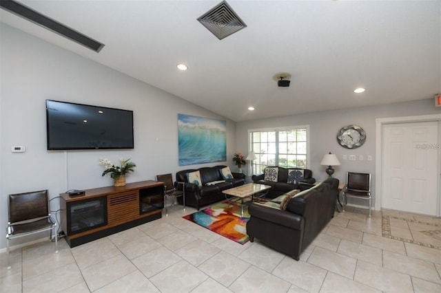 tiled living room featuring lofted ceiling