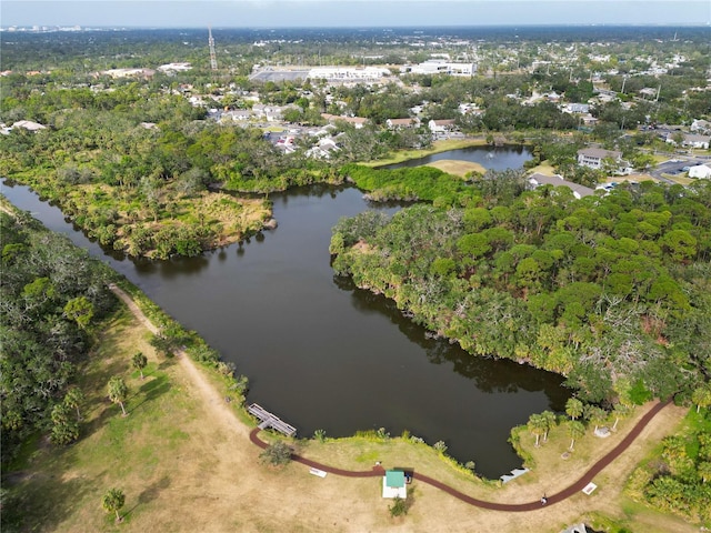 drone / aerial view featuring a water view