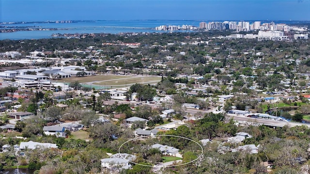 bird's eye view with a water view