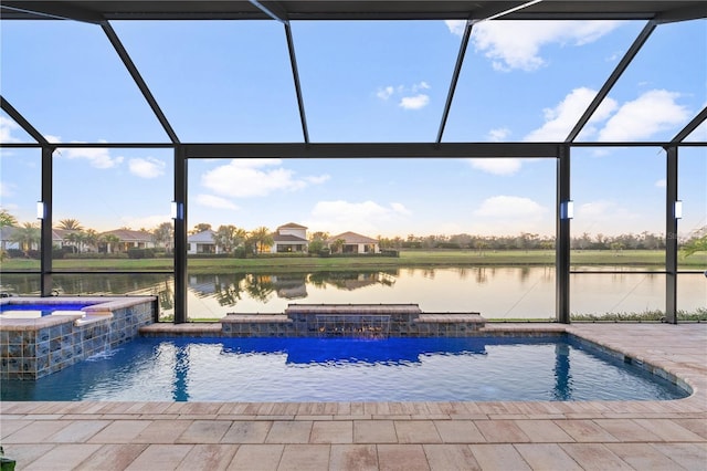 view of swimming pool featuring a water view, an in ground hot tub, and a lanai