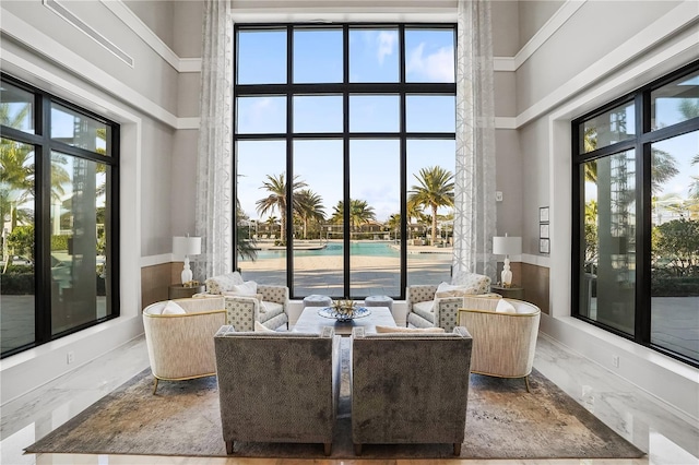 sitting room featuring plenty of natural light and a high ceiling