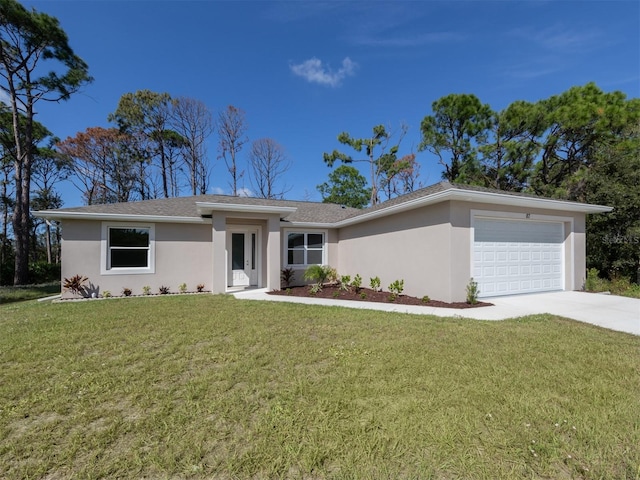 ranch-style home featuring a garage and a front lawn