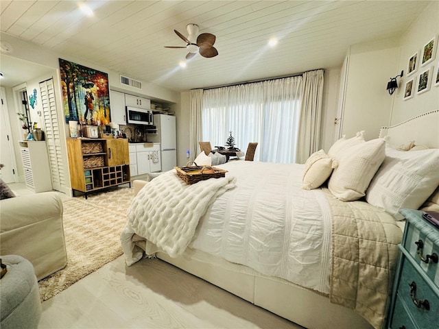 bedroom with ceiling fan, white fridge, and wood ceiling