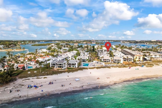 aerial view featuring a beach view and a water view