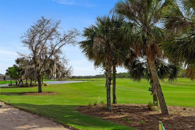 view of property's community with a yard and a water view