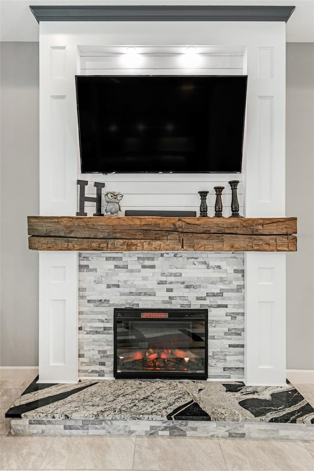 room details with a tile fireplace