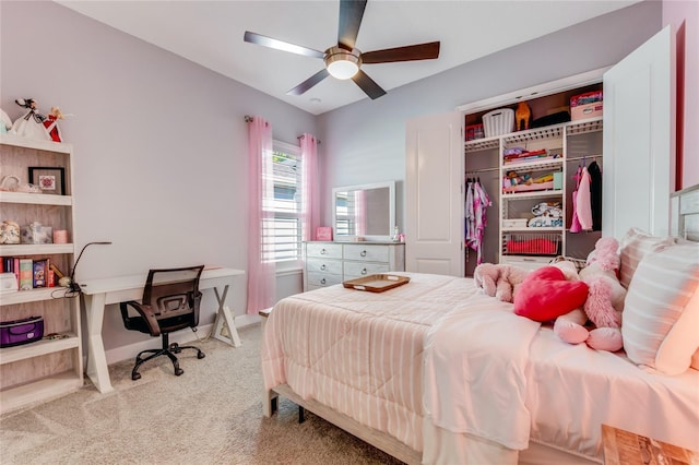 bedroom featuring carpet, a closet, and ceiling fan