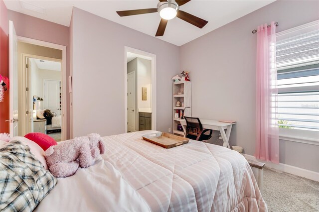 bedroom featuring connected bathroom, ceiling fan, and carpet floors