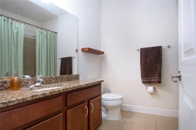 bathroom featuring tile patterned flooring, vanity, toilet, and a shower with shower curtain