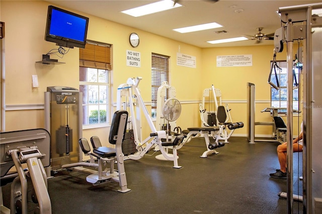 gym featuring ceiling fan