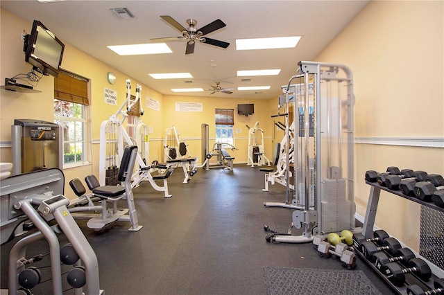 exercise room with ceiling fan