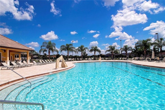 view of swimming pool featuring a patio area