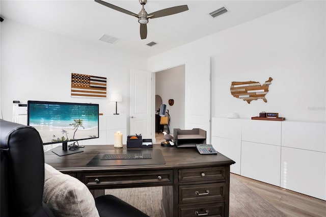 office area with light hardwood / wood-style flooring and ceiling fan