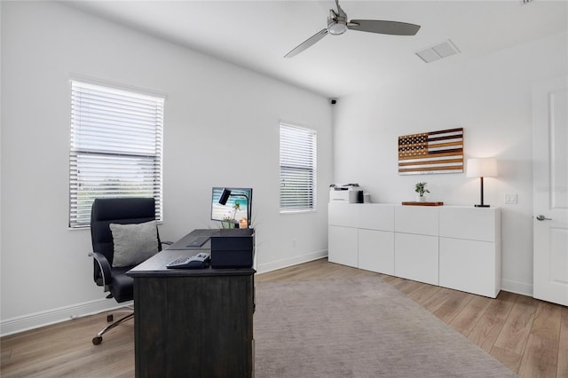 office area with ceiling fan and light hardwood / wood-style floors