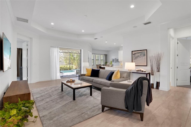 living room featuring a raised ceiling