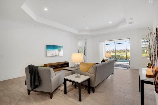 living room with a raised ceiling