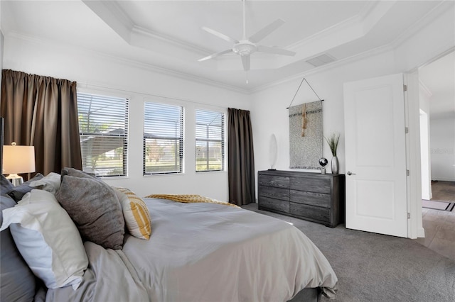 bedroom with a raised ceiling, multiple windows, and ceiling fan