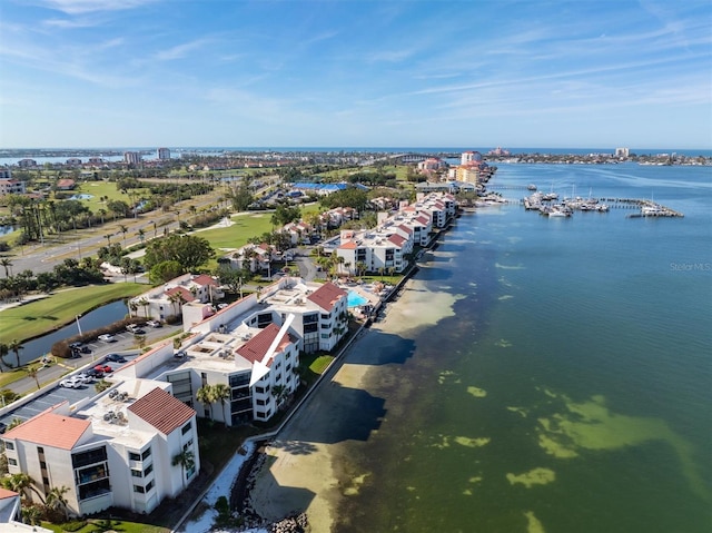 bird's eye view with a water view