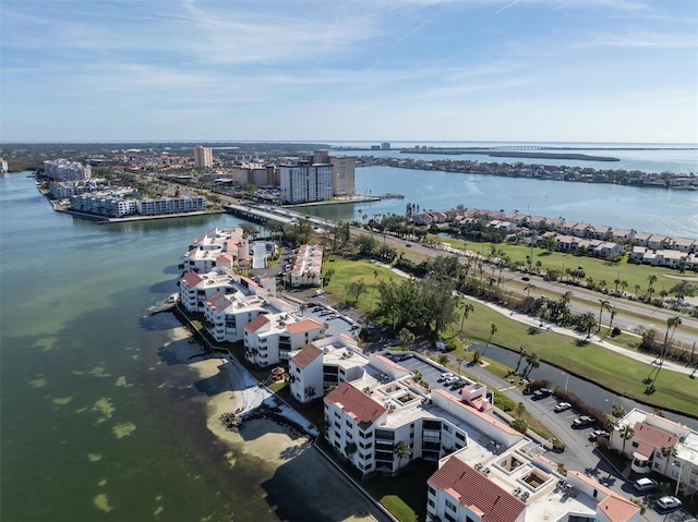 bird's eye view with a water view