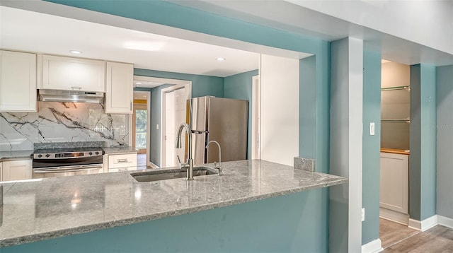 kitchen featuring sink, light stone countertops, light wood-type flooring, tasteful backsplash, and stainless steel appliances