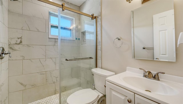 bathroom with vanity, an enclosed shower, and toilet