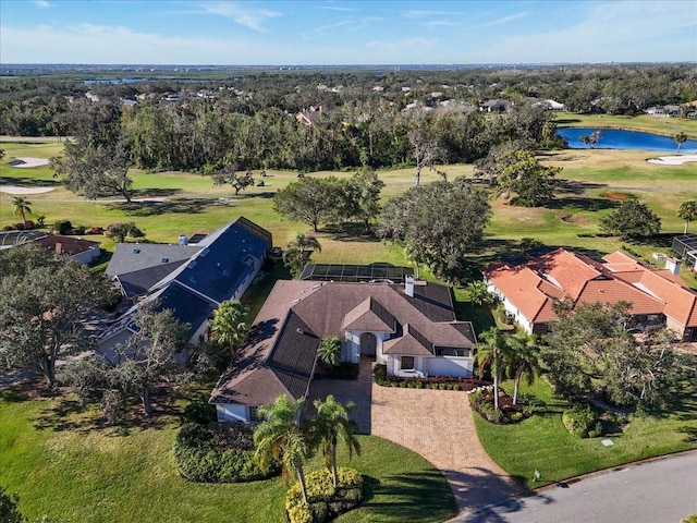 aerial view featuring view of golf course and a water view