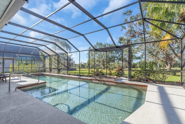 view of swimming pool with glass enclosure, a pool with connected hot tub, and a patio